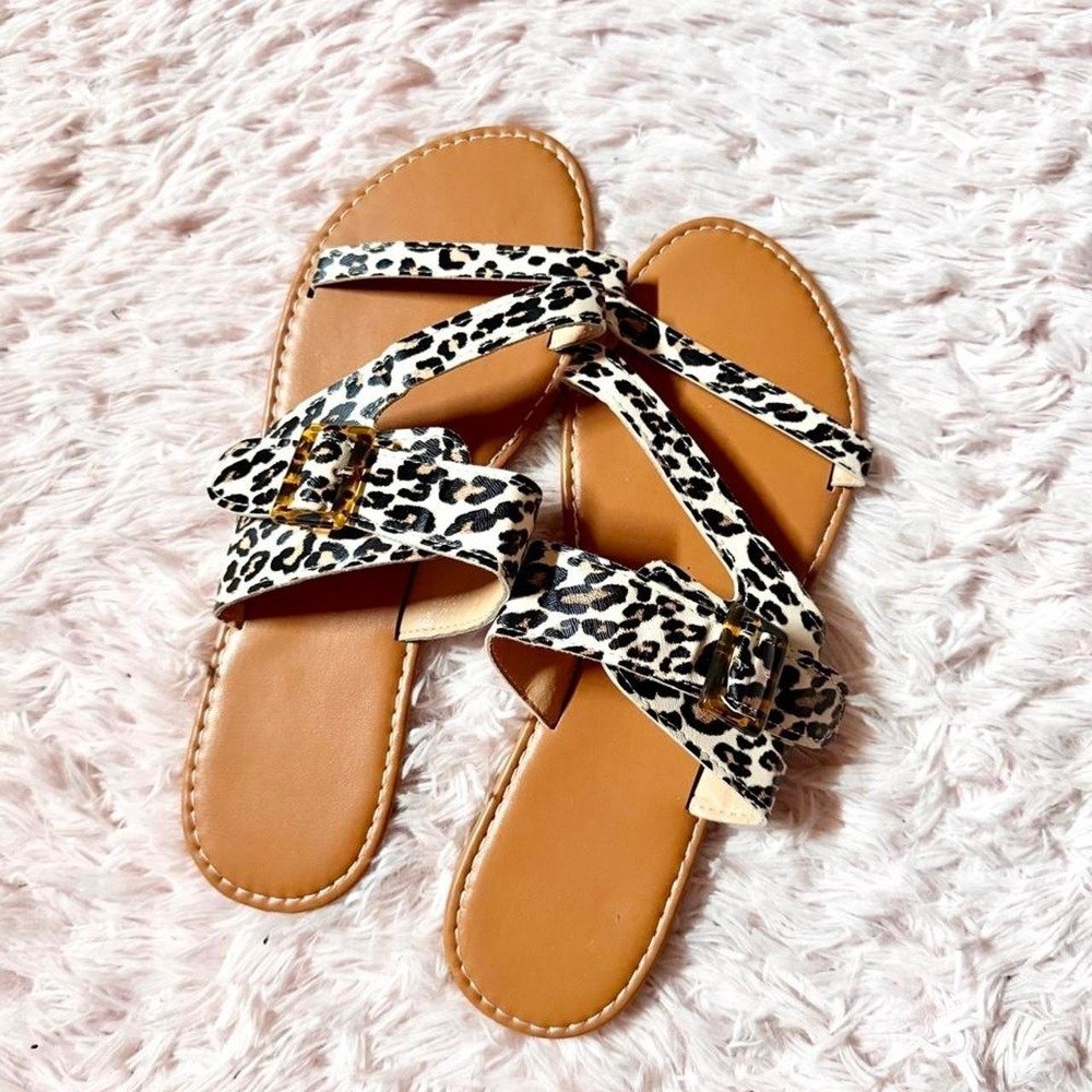 Leopard‎ Animal Print Strappy Y2K Jersey Shore Flat Sandals Womens 11 Statement